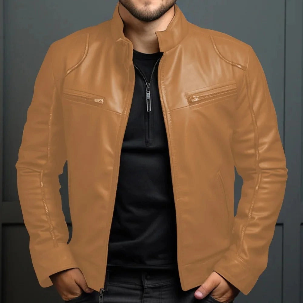 Men’s Punk Motorcycle Leather Jacket – Stand Collar Fashion Coat