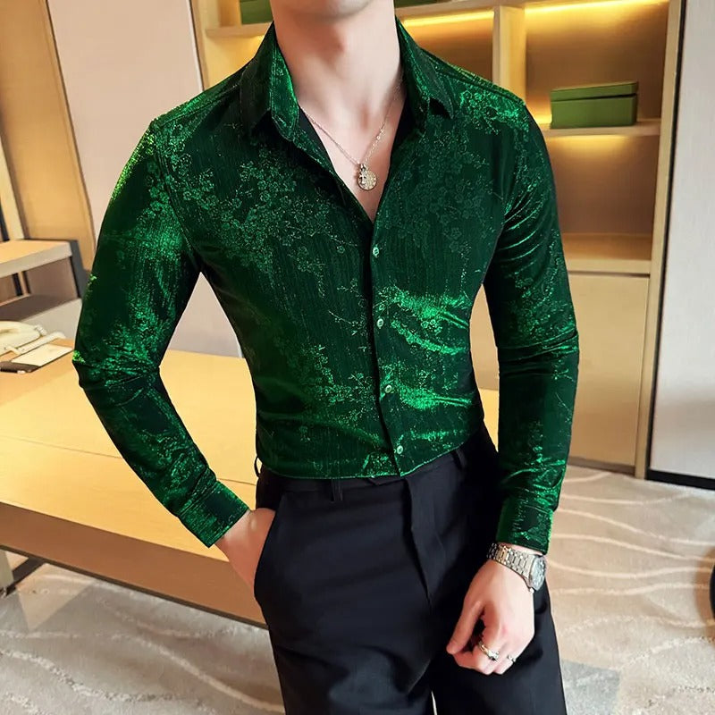 Luxury Retro Velvet Men’s Shirt – Autumn Long Sleeve Slim Fit Jacquard Casual Business Social Fashion Shirt