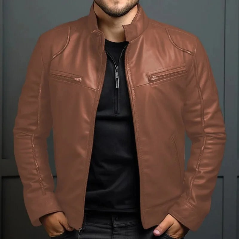 Men’s Punk Motorcycle Leather Jacket – Stand Collar Fashion Coat