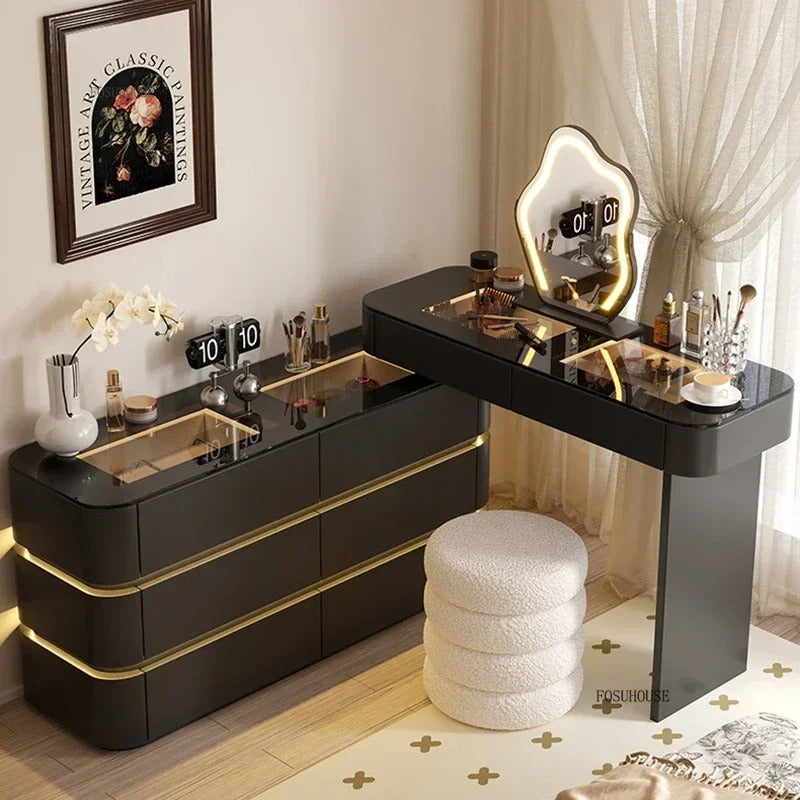 Black Solid Wood Dresser with Mirror | Modern Bedroom Dressing Table with Drawers for Small Apartments