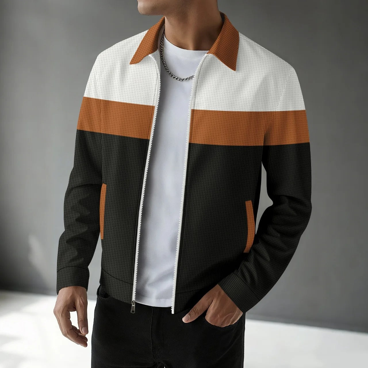 Men’s Waffle Jacket Coat – Casual Spring & Autumn, Multi-Pocket, Collarless Style