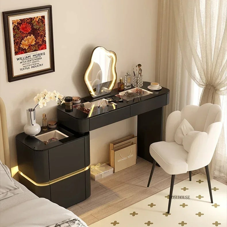 Black Solid Wood Dresser with Mirror | Modern Bedroom Dressing Table with Drawers for Small Apartments