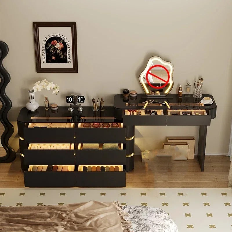 Black Solid Wood Dresser with Mirror | Modern Bedroom Dressing Table with Drawers for Small Apartments