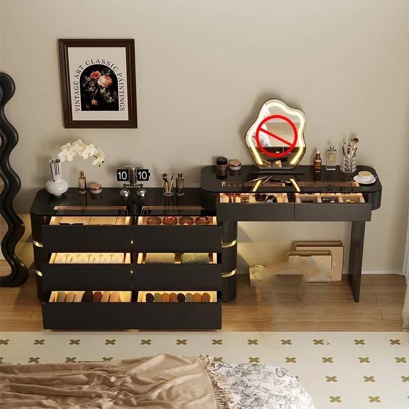 Black Solid Wood Dresser with Mirror | Modern Bedroom Dressing Table with Drawers for Small Apartments