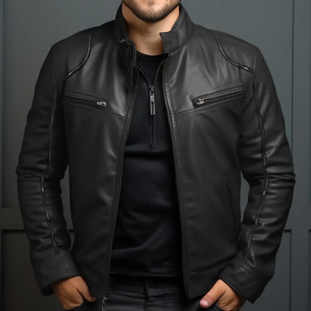 Men’s Punk Motorcycle Leather Jacket – Stand Collar Fashion Coat