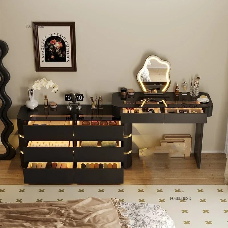Black Solid Wood Dresser with Mirror | Modern Bedroom Dressing Table with Drawers for Small Apartments