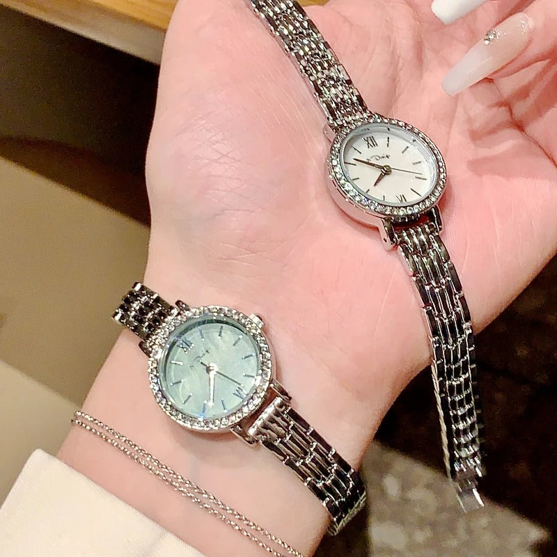 Fashion Alloy Women’s Watch – Luxury Rhinestone Shell Textured Dial Quartz Wristwatch, Slim Exquisite Ladies Watch