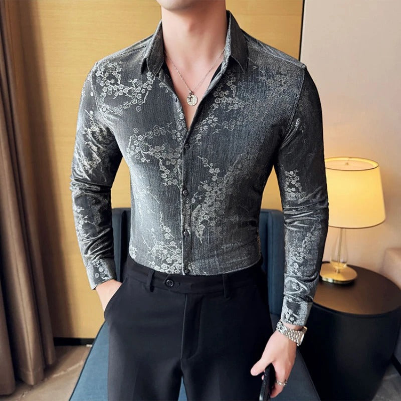 Luxury Retro Velvet Men’s Shirt – Autumn Long Sleeve Slim Fit Jacquard Casual Business Social Fashion Shirt