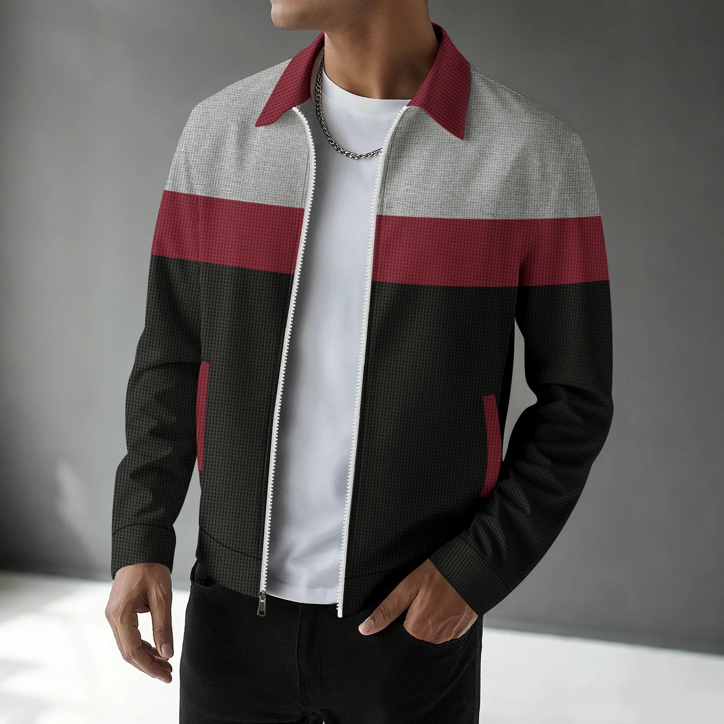 Men’s Waffle Jacket Coat – Casual Spring & Autumn, Multi-Pocket, Collarless Style