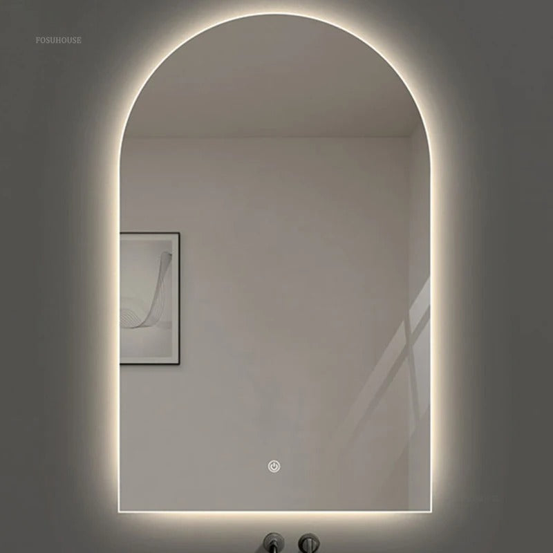 French Arched Bathroom Mirror – Wall-Mounted Luxury Touch Screen Glass Mirror for Toilet, Bedroom, and Dressing Areas