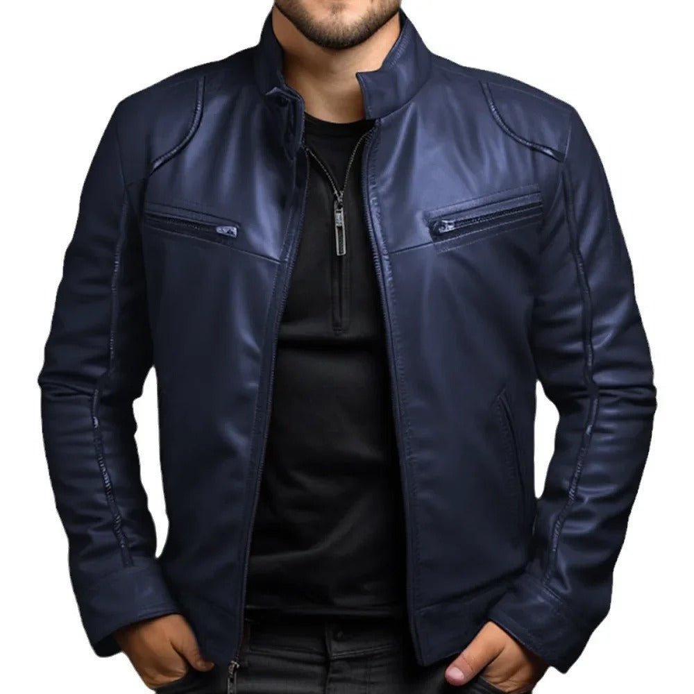 Men’s Punk Motorcycle Leather Jacket – Stand Collar Fashion Coat