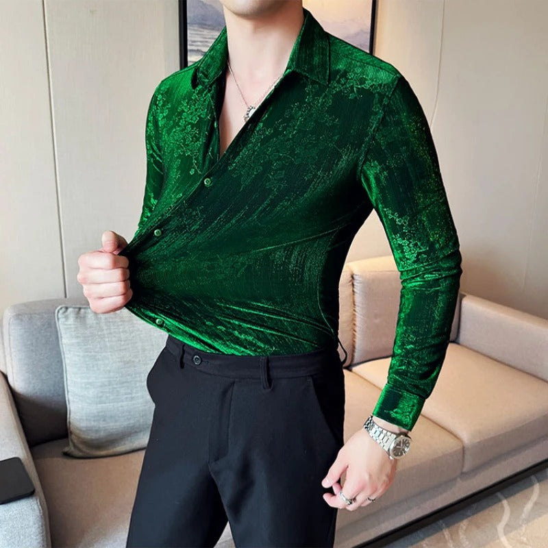 Luxury Retro Velvet Men’s Shirt – Autumn Long Sleeve Slim Fit Jacquard Casual Business Social Fashion Shirt