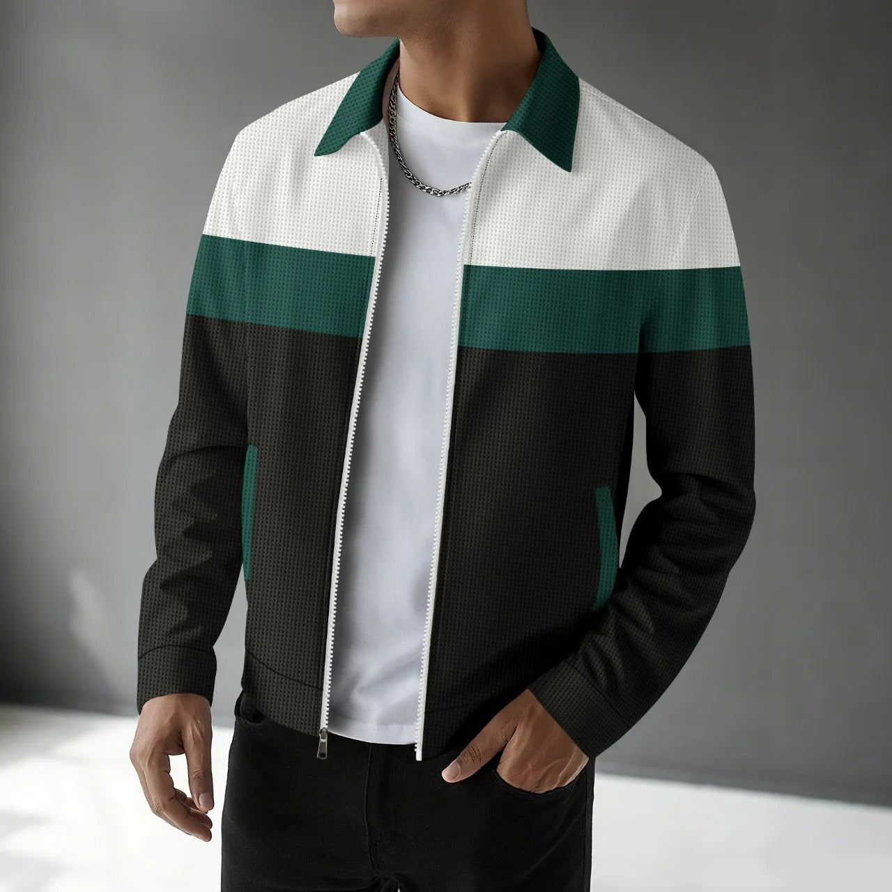 Men’s Waffle Jacket Coat – Casual Spring & Autumn, Multi-Pocket, Collarless Style