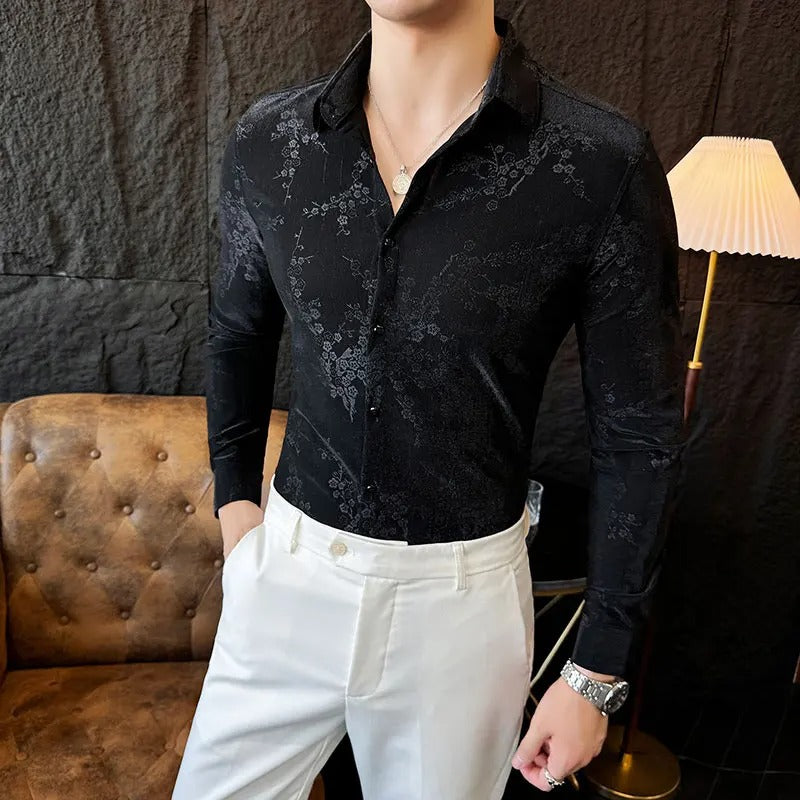 Luxury Retro Velvet Men’s Shirt – Autumn Long Sleeve Slim Fit Jacquard Casual Business Social Fashion Shirt