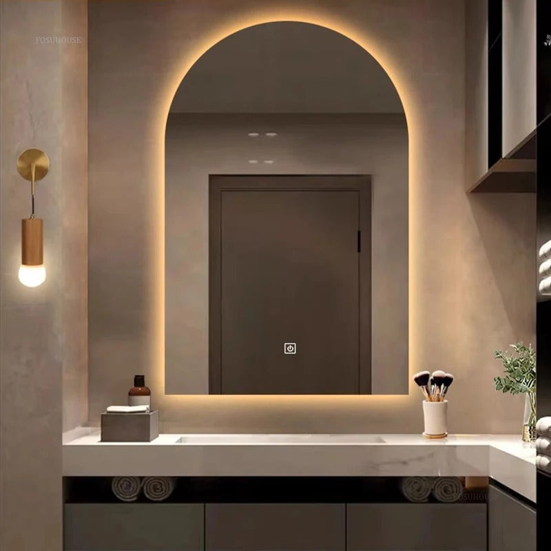 French Arched Bathroom Mirror – Wall-Mounted Luxury Touch Screen Glass Mirror for Toilet, Bedroom, and Dressing Areas