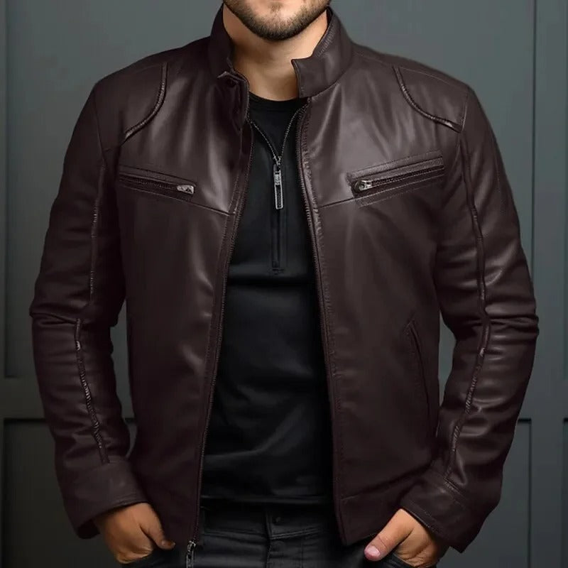 Men’s Punk Motorcycle Leather Jacket – Stand Collar Fashion Coat