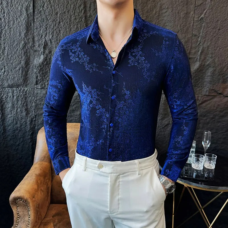 Luxury Retro Velvet Men’s Shirt – Autumn Long Sleeve Slim Fit Jacquard Casual Business Social Fashion Shirt