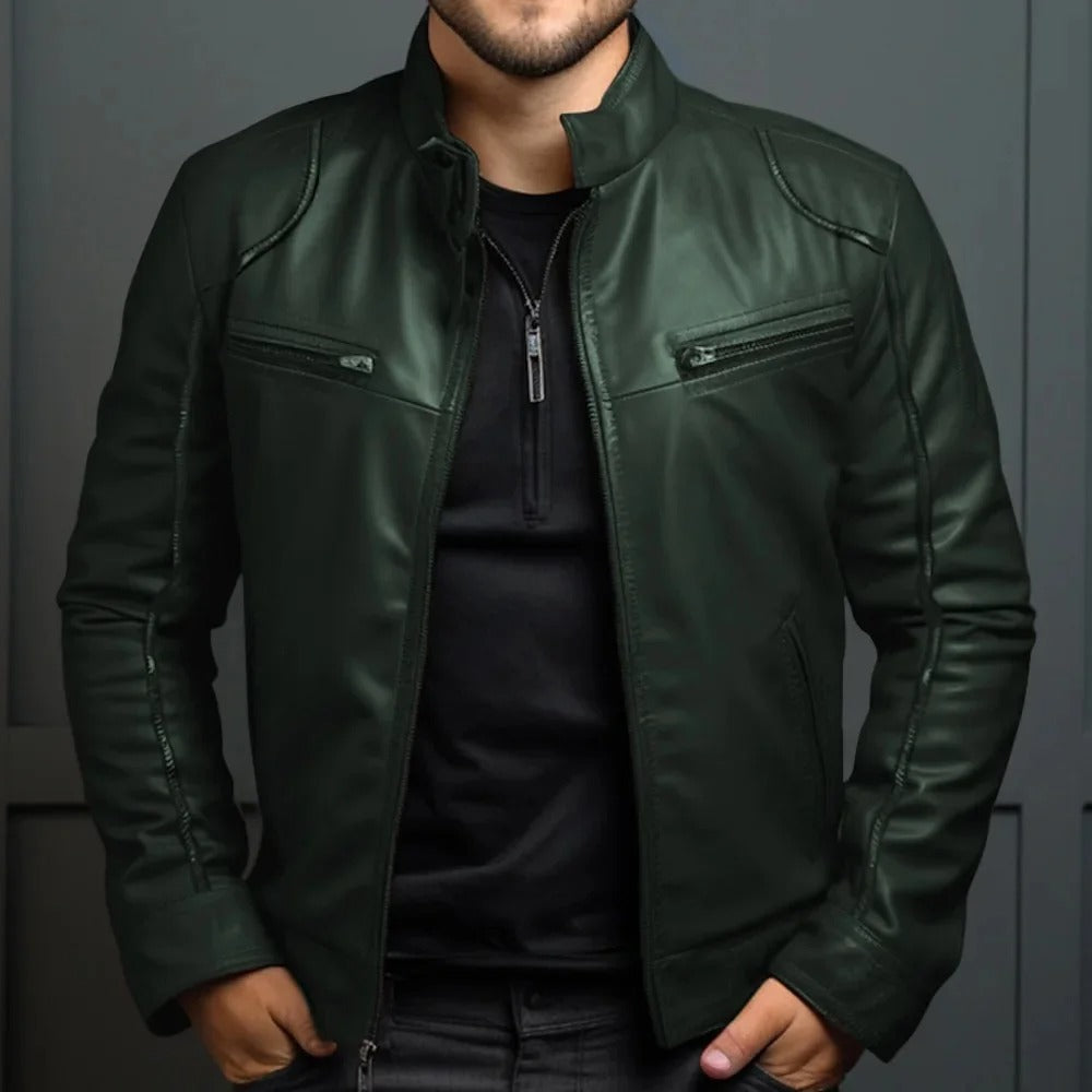 Men’s Punk Motorcycle Leather Jacket – Stand Collar Fashion Coat