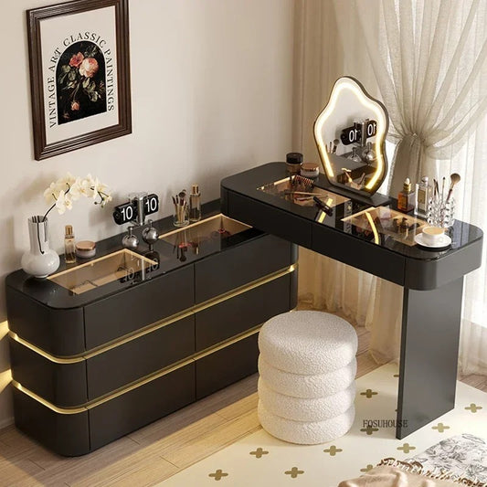 Black Solid Wood Dresser with Mirror | Modern Bedroom Dressing Table with Drawers for Small Apartments