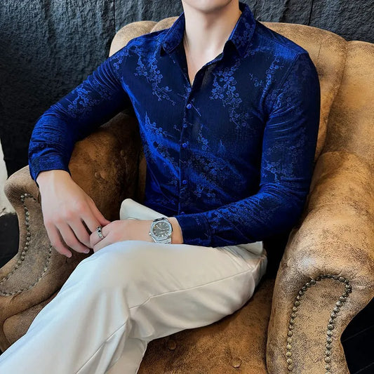 Luxury Retro Velvet Men’s Shirt – Autumn Long Sleeve Slim Fit Jacquard Casual Business Social Fashion Shirt