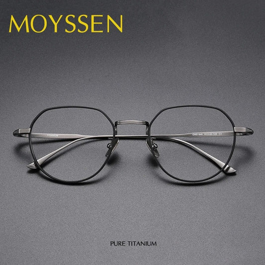 Black eyeglasses with 'MOYSEN' branding on a gray background