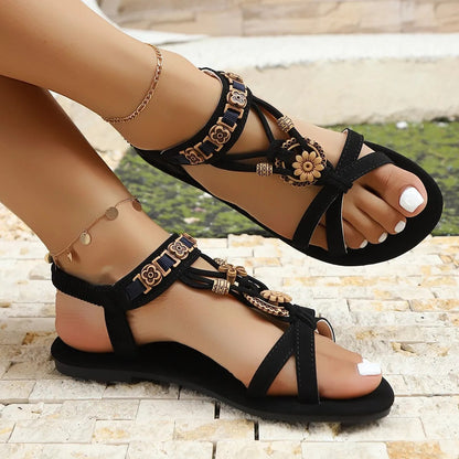 Bohemian Style Women’s Sandals – Summer Suede Elastic Band Flat Heel Shoes | Casual Comfort Beach & Roman Style Footwear