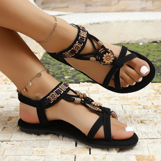 Bohemian Style Women’s Sandals – Summer Suede Elastic Band Flat Heel Shoes | Casual Comfort Beach & Roman Style Footwear