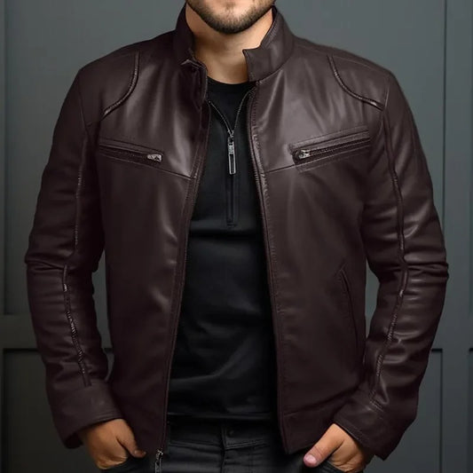 Men’s Punk Motorcycle Leather Jacket – Stand Collar Fashion Coat
