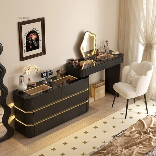 Black Solid Wood Dresser with Mirror | Modern Bedroom Dressing Table with Drawers for Small Apartments