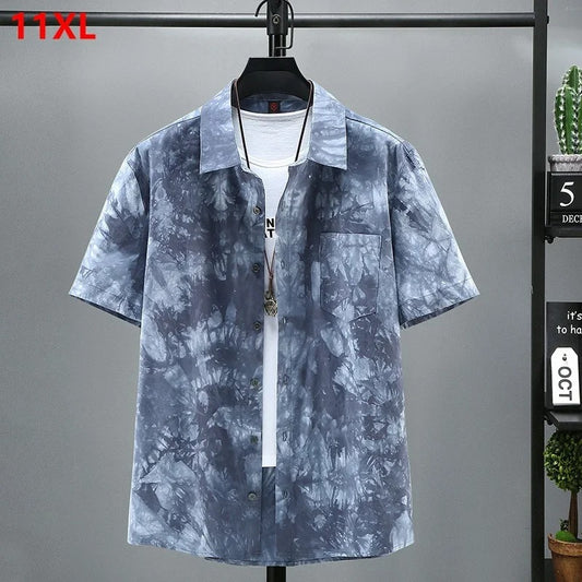 Summer Tie-Dye Plus Size Men’s Casual Shirt – Breathable Cotton Loose Fit Floral Print, Big Size 9XL–11XL (Up to 190kg)