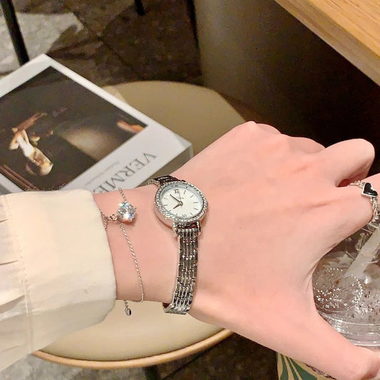 Fashion Alloy Women’s Watch – Luxury Rhinestone Shell Textured Dial Quartz Wristwatch, Slim Exquisite Ladies Watch