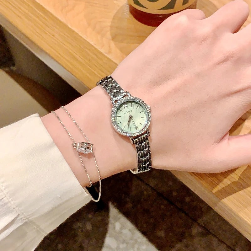 Fashion Alloy Women’s Watch – Luxury Rhinestone Shell Textured Dial Quartz Wristwatch, Slim Exquisite Ladies Watch