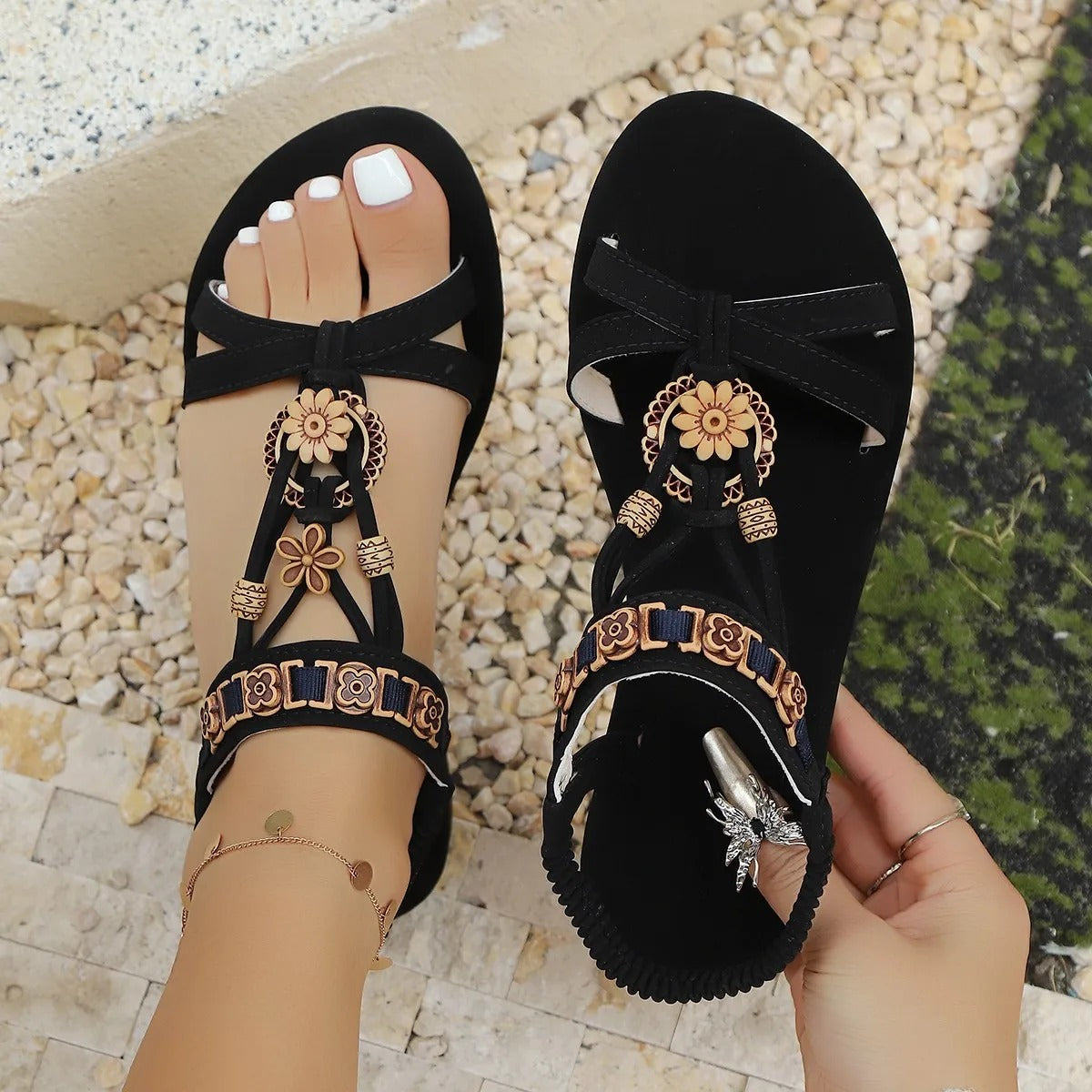 Bohemian Style Women’s Sandals – Summer Suede Elastic Band Flat Heel Shoes | Casual Comfort Beach & Roman Style Footwear