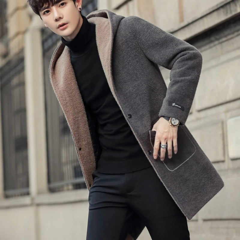 Men’s Winter Wool Blend Hooded Trench Coat – Casual Business Long Jacket, Streetwear Windbreaker (2022 Fashion)