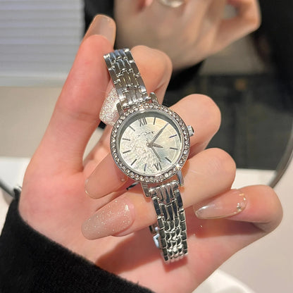Fashion Alloy Women’s Watch – Luxury Rhinestone Shell Textured Dial Quartz Wristwatch, Slim Exquisite Ladies Watch